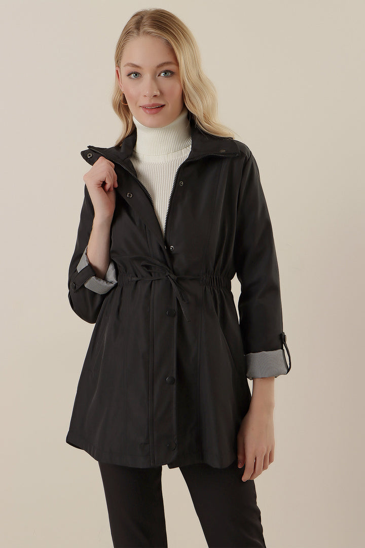 BGD Women Waist Pleated Trench Coat - Black - Avondale