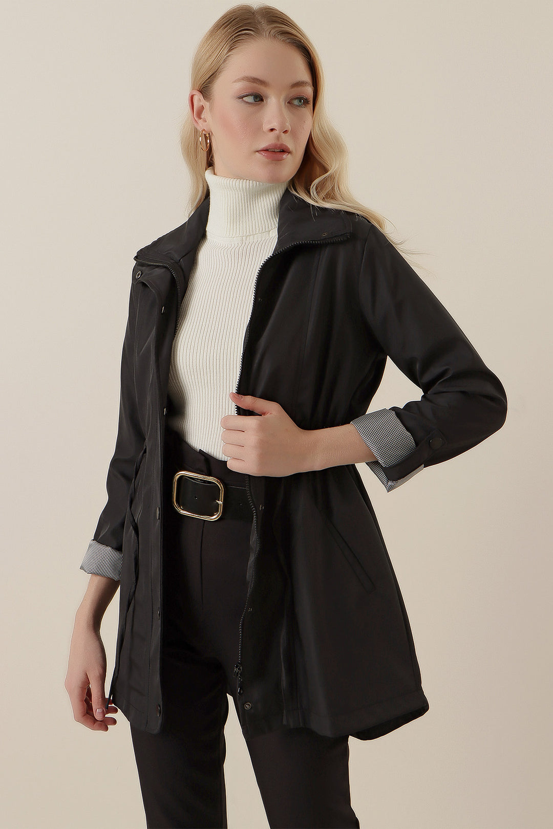 BGD Women Waist Pleated Trench Coat - Black - Avondale