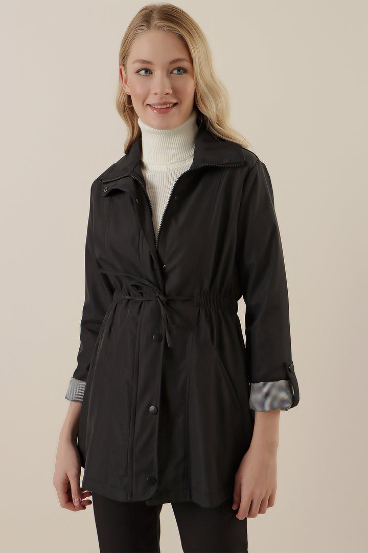 BGD Women Waist Pleated Trench Coat - Black - Avondale