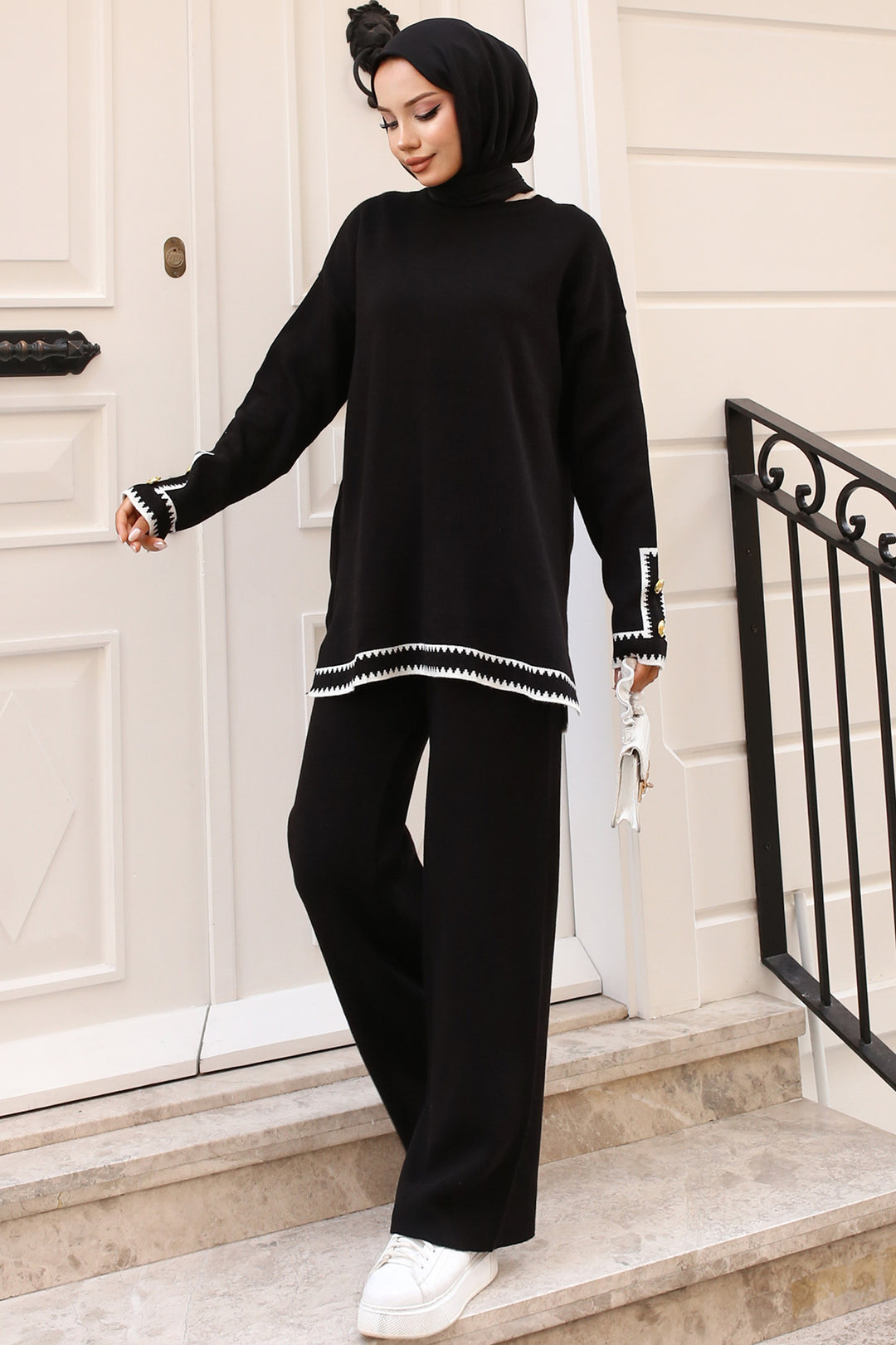 BNG Women Black Zigzag Knit Set with Buttoned Sleeves - Clermont