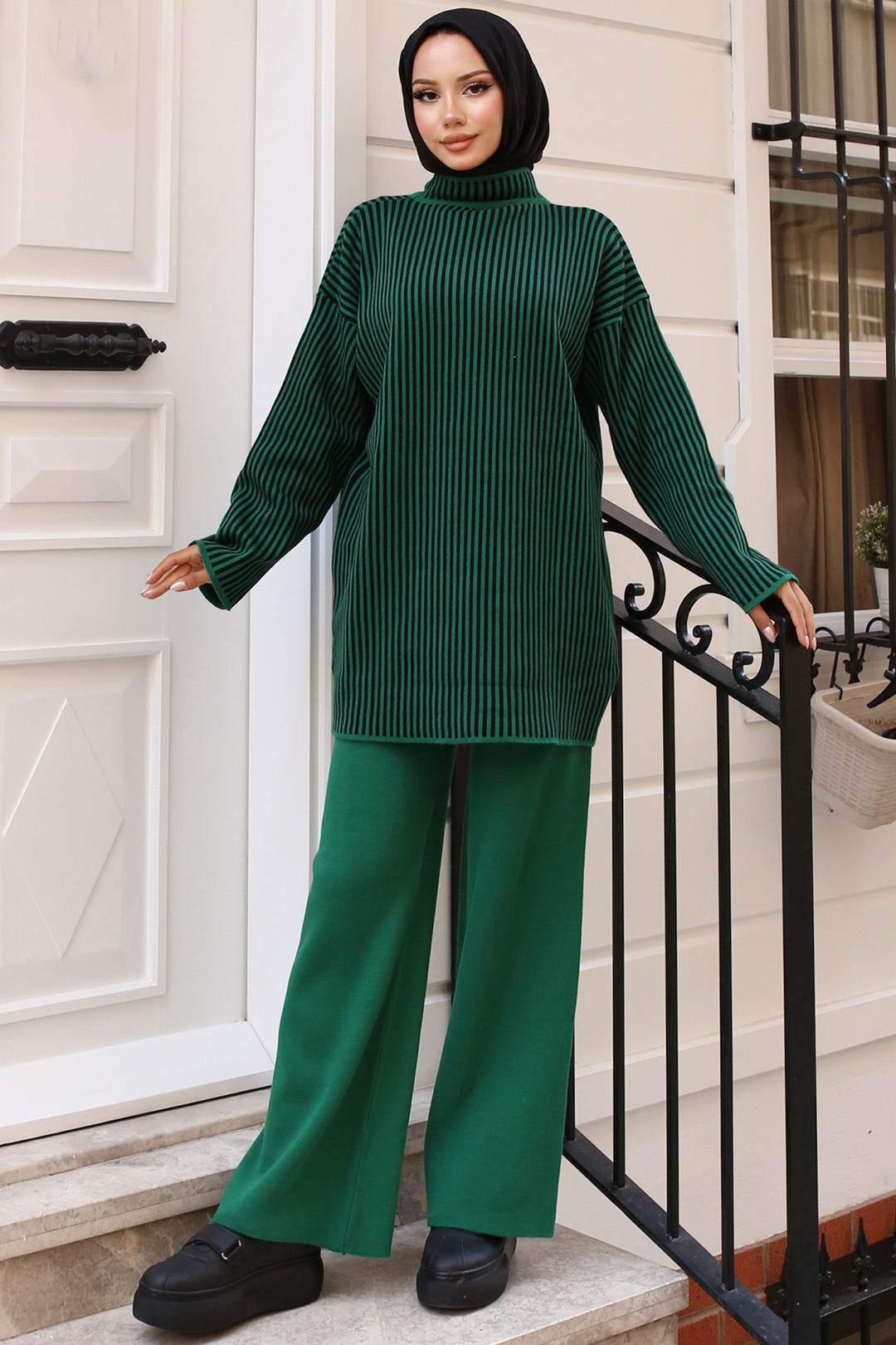 BNG Women Green Striped Knit Suit Emerald Green - Clermont