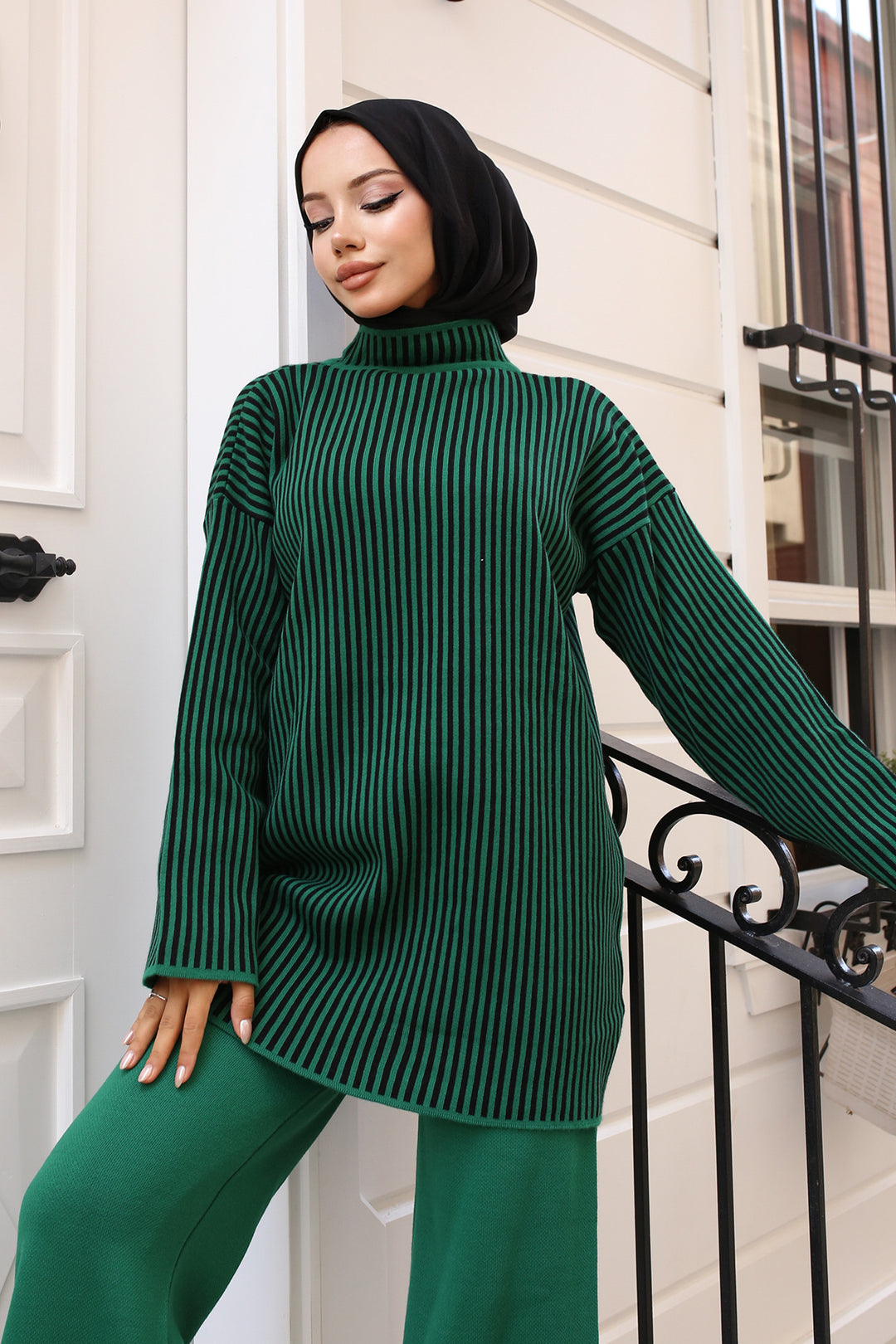 BNG Women Green Striped Knit Suit Emerald Green - Clermont