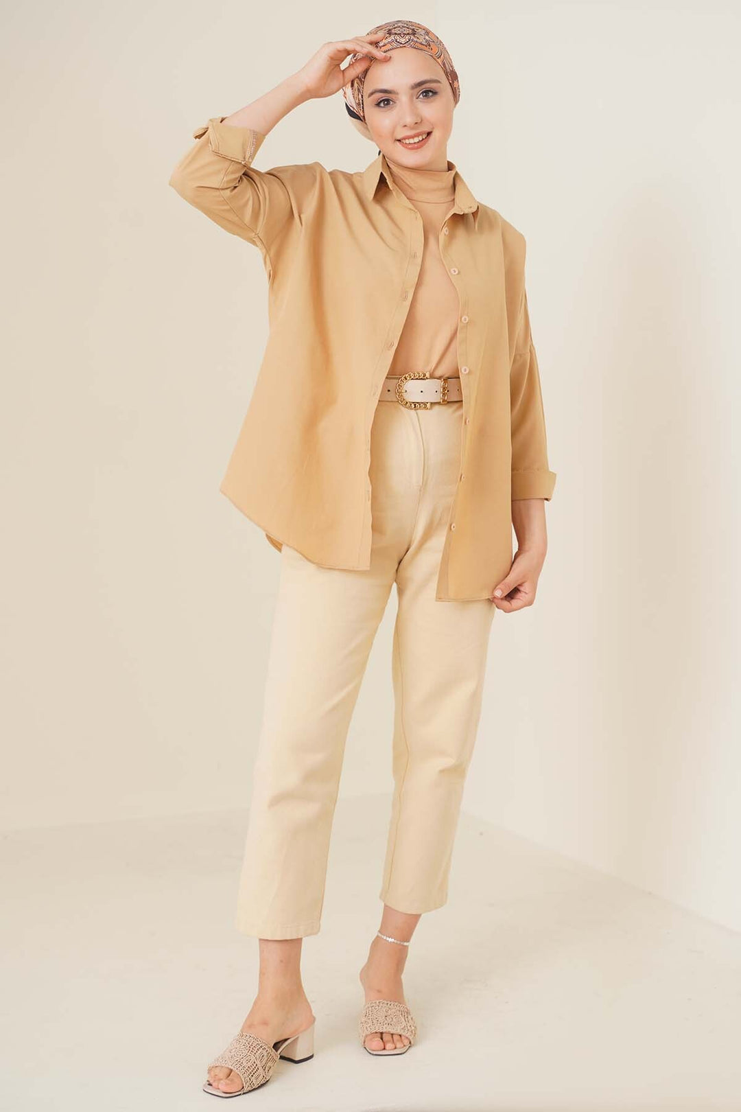 BGD Women Oversize Basic Hijab Shirt - Beige - Avondale