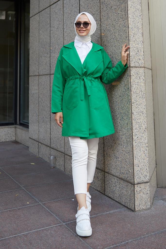 BNG Women Bell-Sleeved Hijab Short Trench Coat Green - Clermont