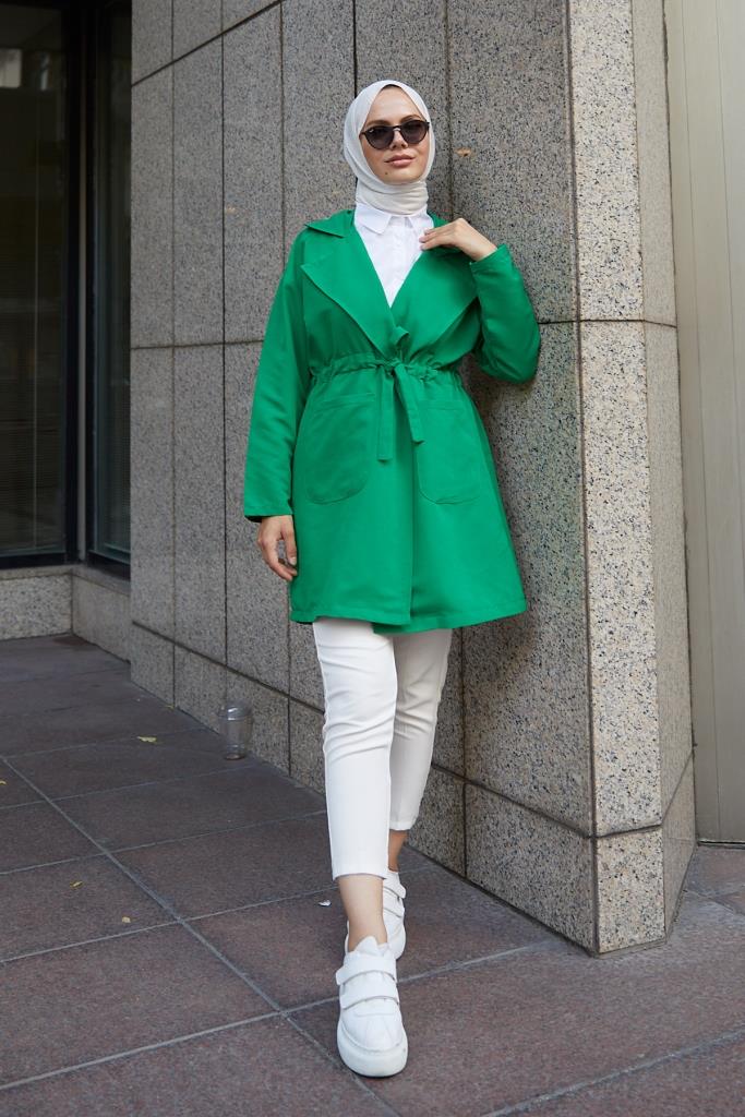 BNG Women Bell-Sleeved Hijab Short Trench Coat Green - Clermont