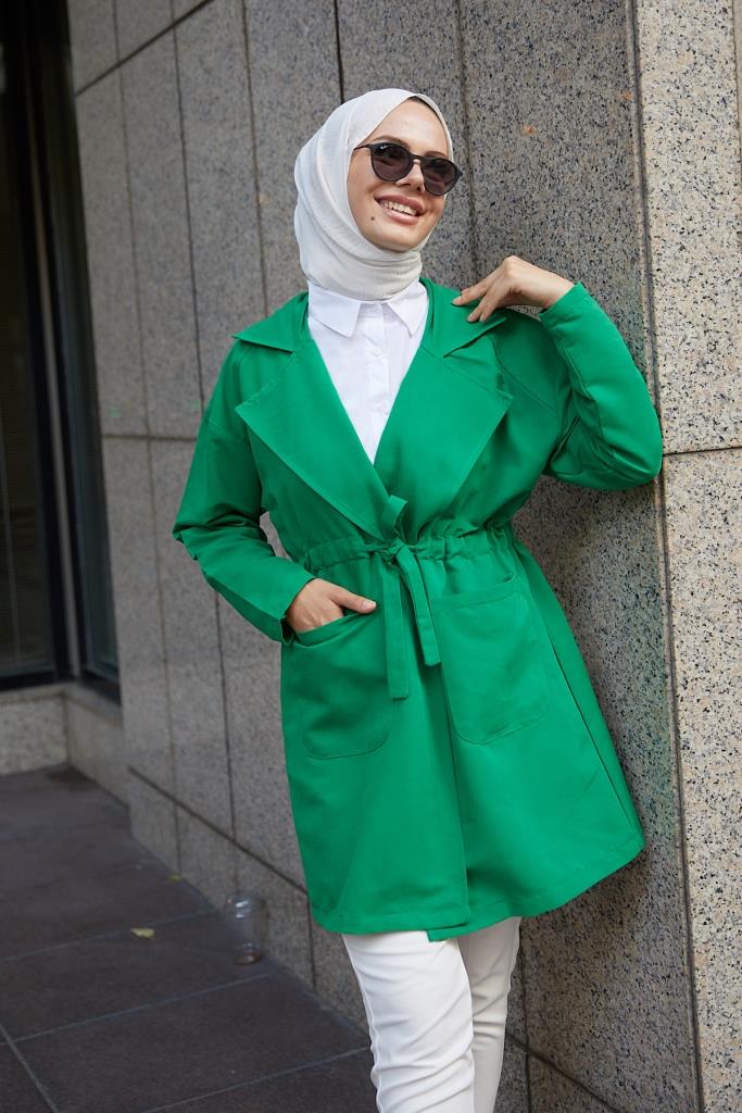 BNG Women Bell-Sleeved Hijab Short Trench Coat Green - Clermont