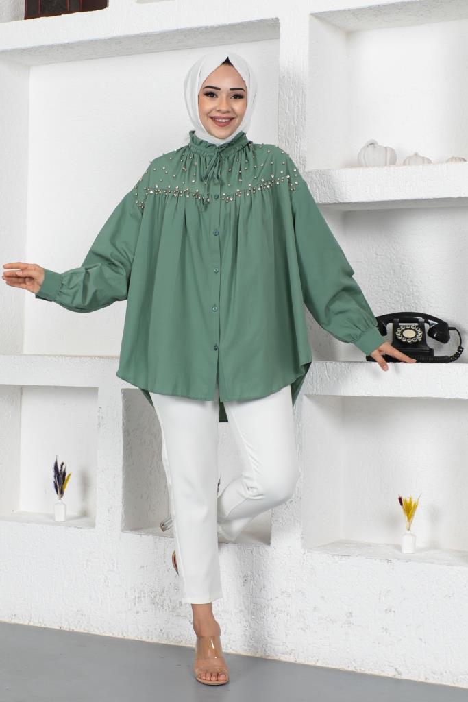 BNG Women Bead-Detailed Hijab Shirt in Mint Green - Clermont