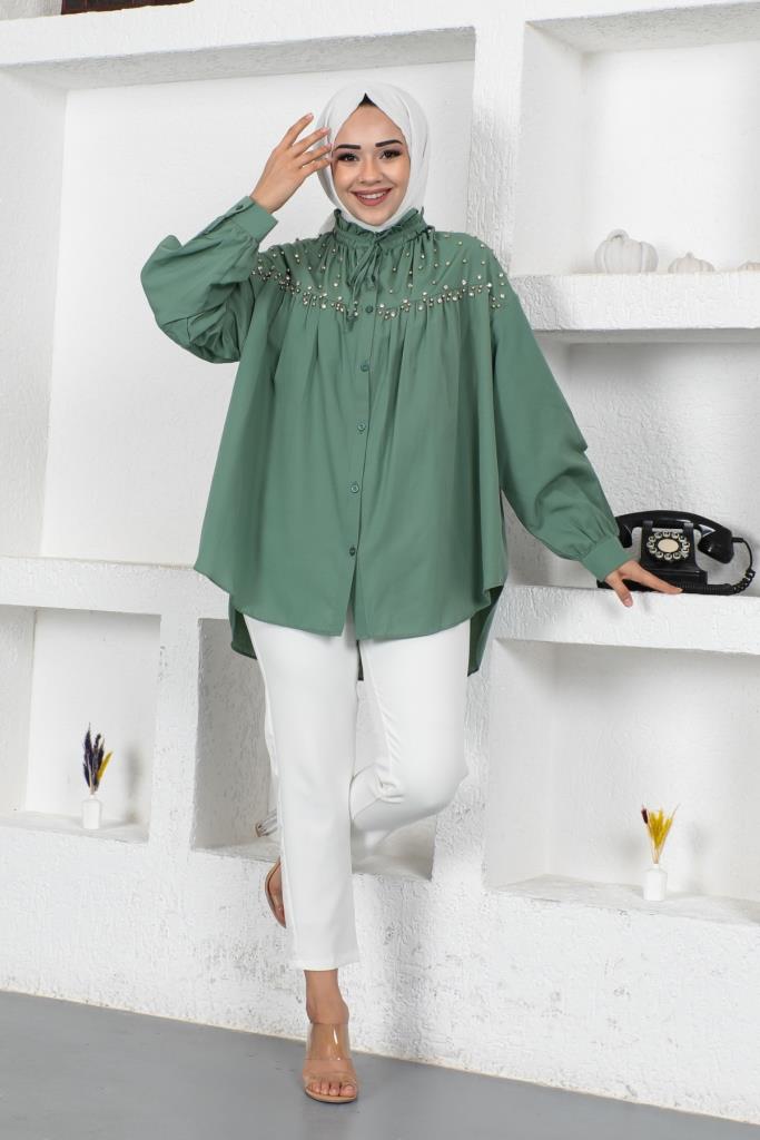 BNG Women Bead-Detailed Hijab Shirt in Mint Green - Clermont