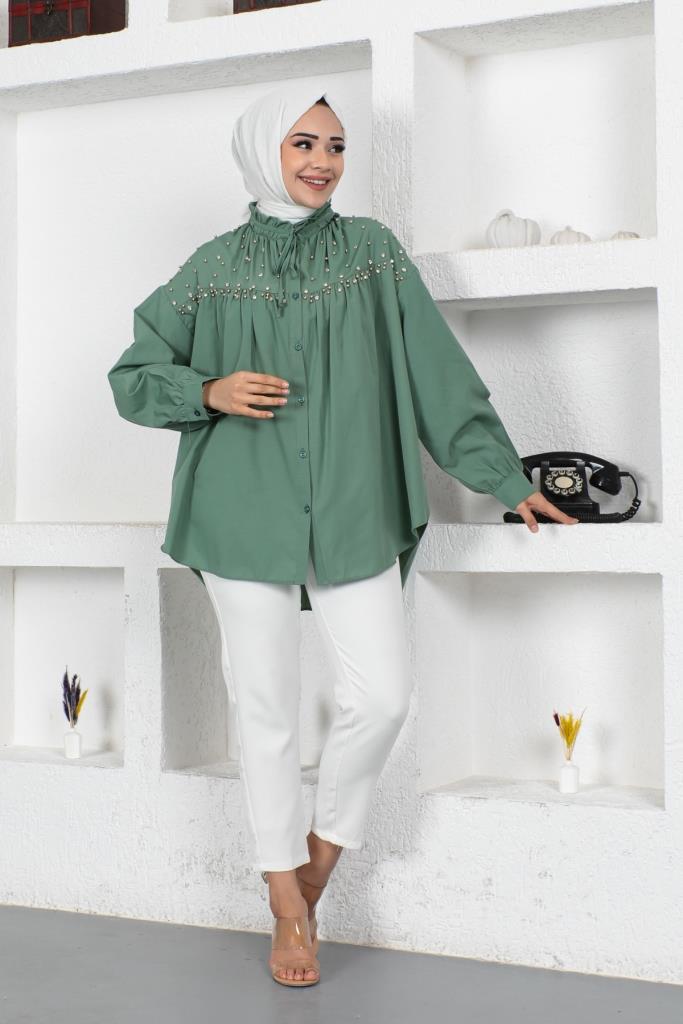 BNG Women Bead-Detailed Hijab Shirt in Mint Green - Clermont