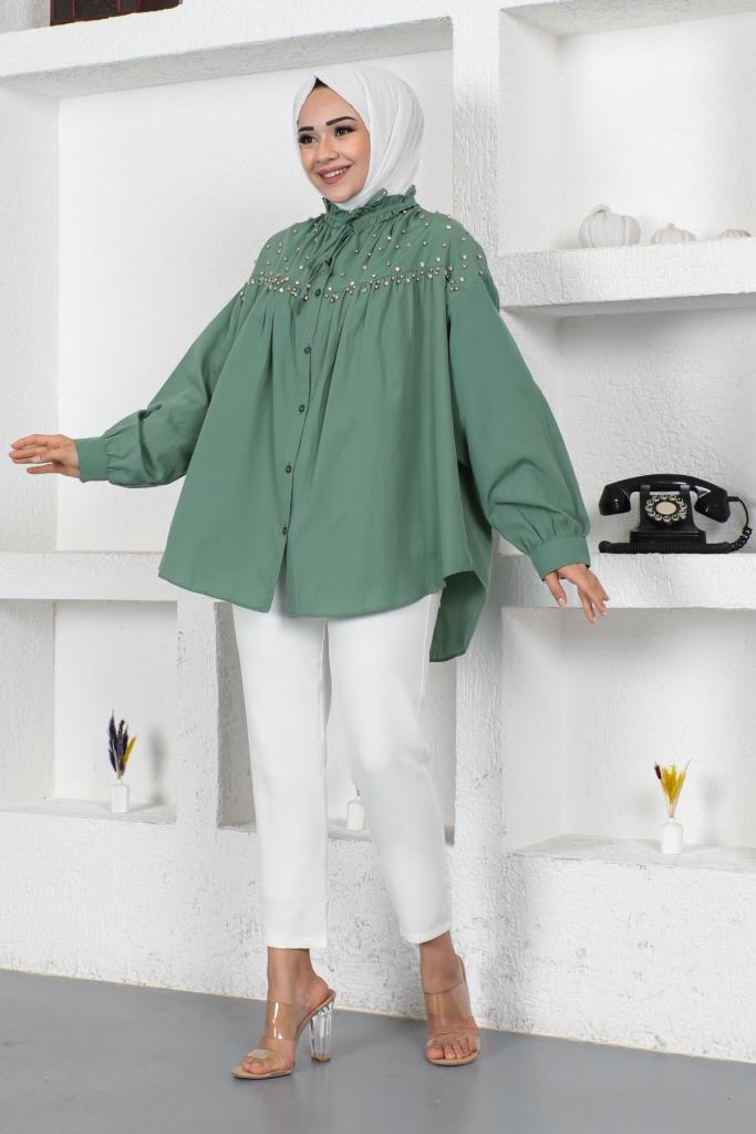 BNG Women Bead-Detailed Hijab Shirt in Mint Green - Clermont