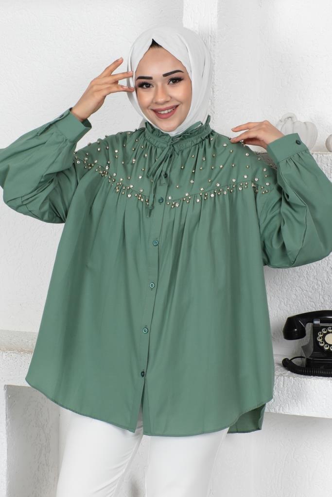 BNG Women Bead-Detailed Hijab Shirt in Mint Green - Clermont