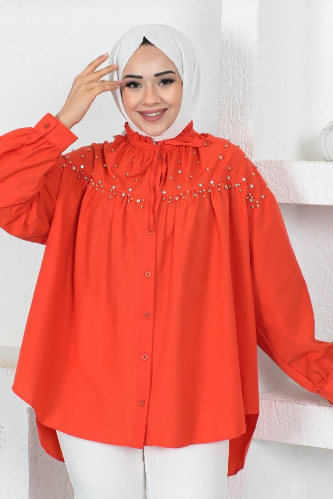 BNG Women Bead-Detailed Hijab Shirt Orange - Clermont