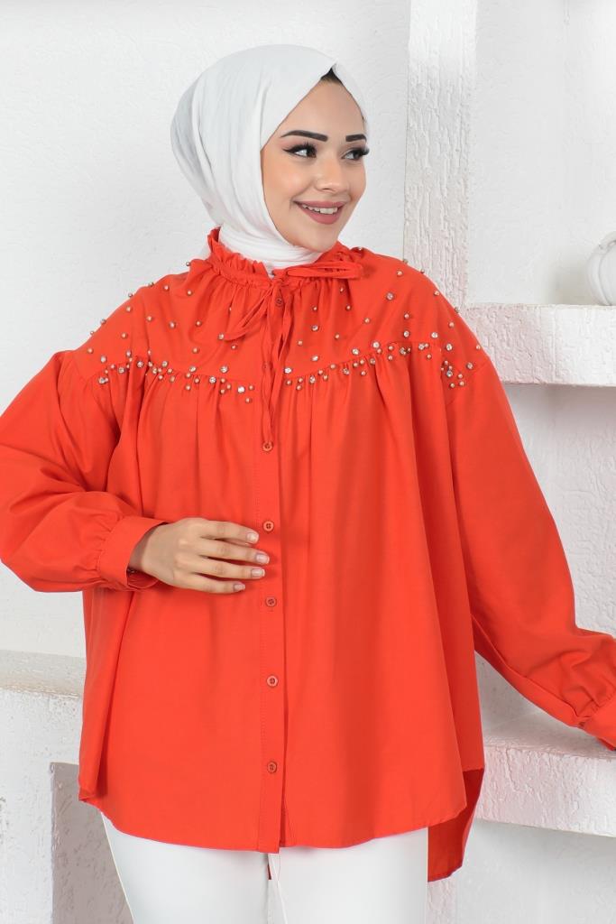 BNG Women Bead-Detailed Hijab Shirt Orange - Clermont