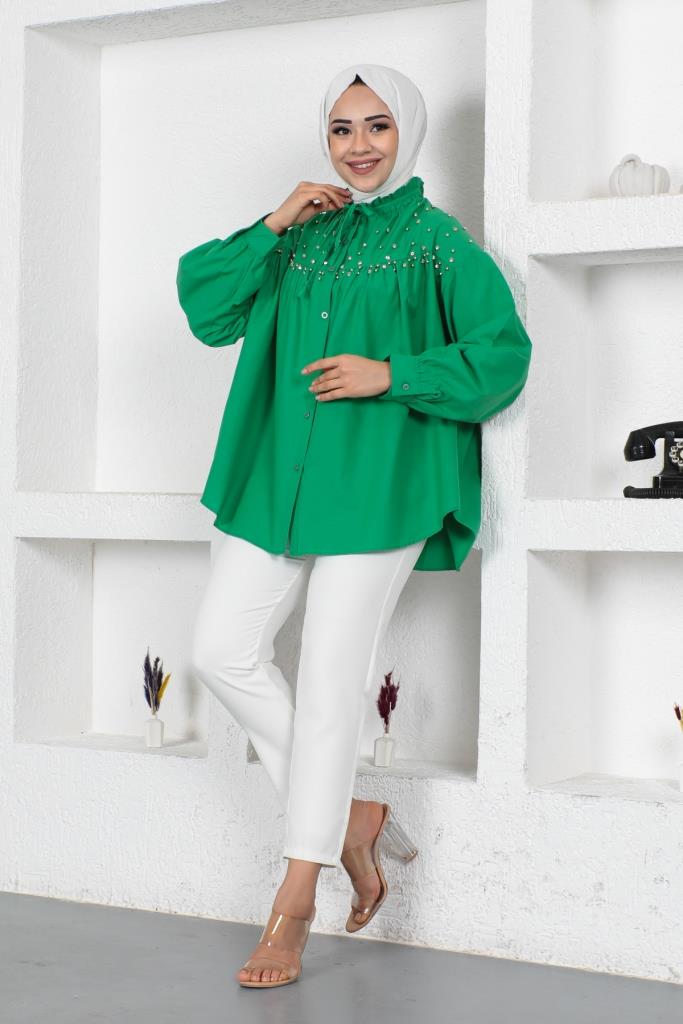 BNG Women Bead-Detailed Hijab Shirt Green - Clermont