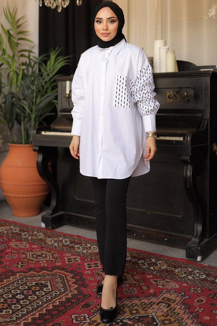 BNG Women Shirt with Pocket and Sleeve Pattern White - Clermont