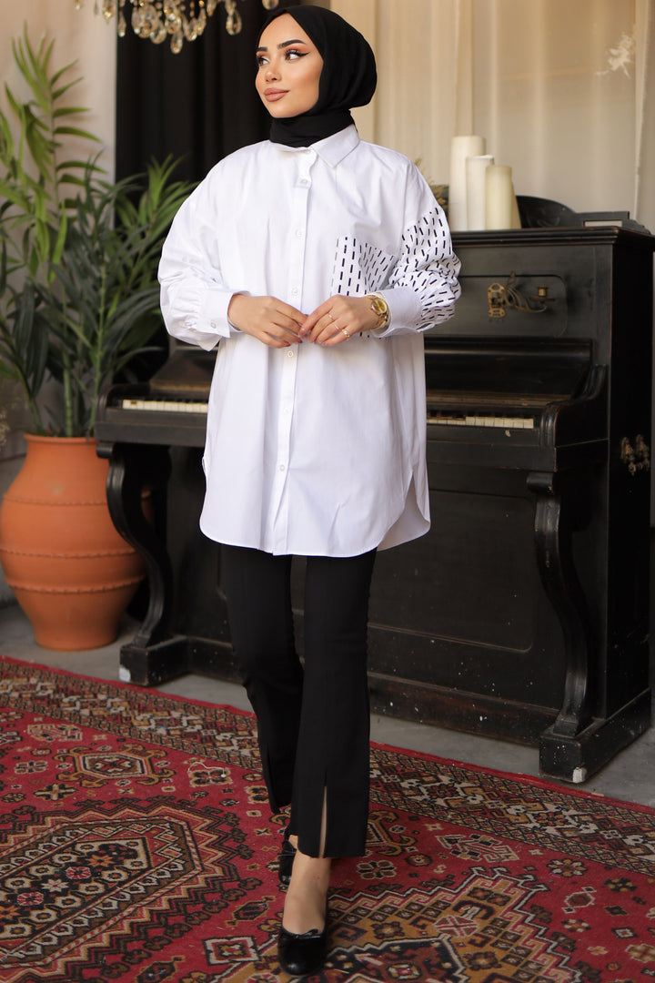 BNG Women Shirt with Pocket and Sleeve Pattern White - Clermont