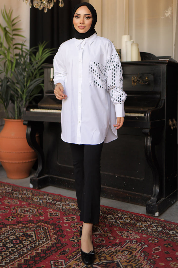 BNG Women Shirt with Pocket and Sleeve Pattern White - Clermont