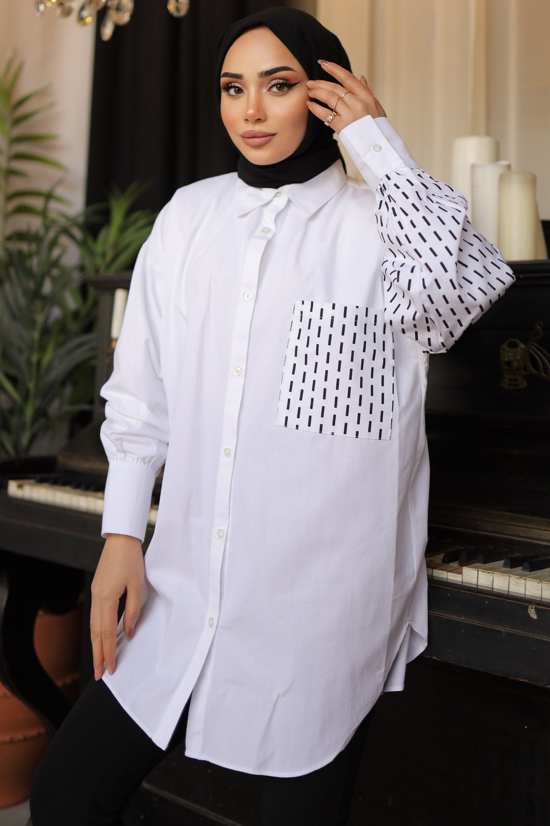 BNG Women Shirt with Pocket and Sleeve Pattern White - Clermont