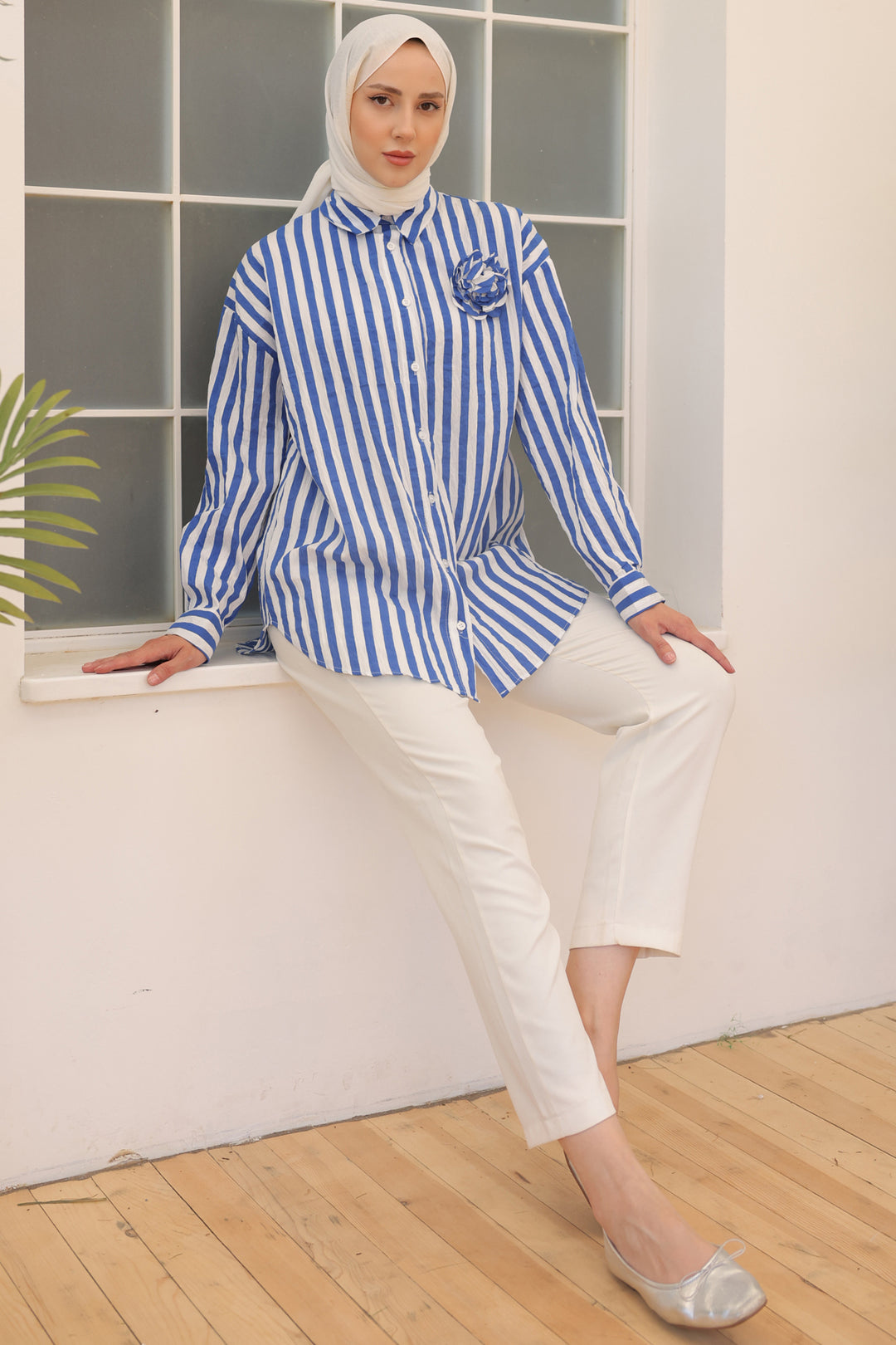 BNG Women Striped Shirt with Rose Accessories Blue - Clermont