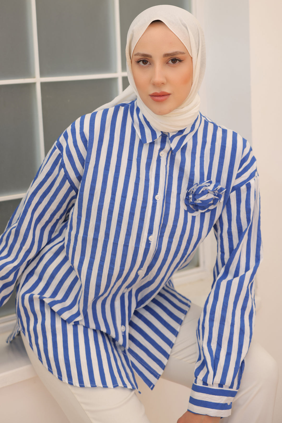 BNG Women Striped Shirt with Rose Accessories Blue - Clermont