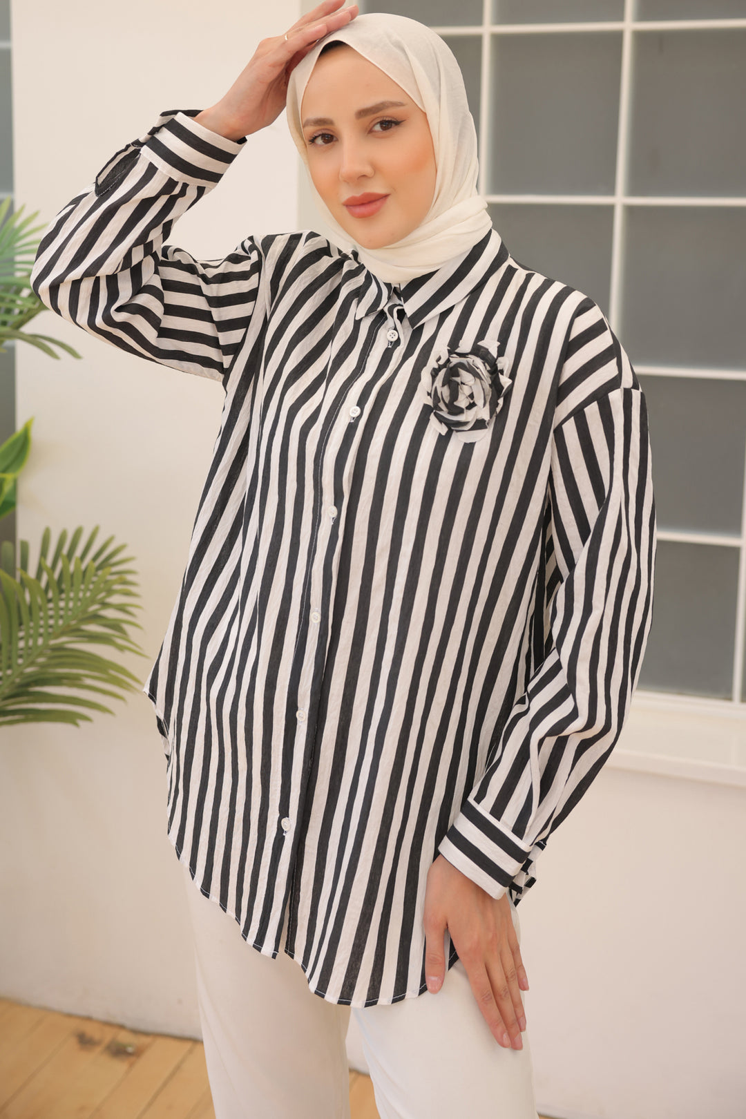 BNG Women Black Striped Shirt with Rose Accessories - Clermont