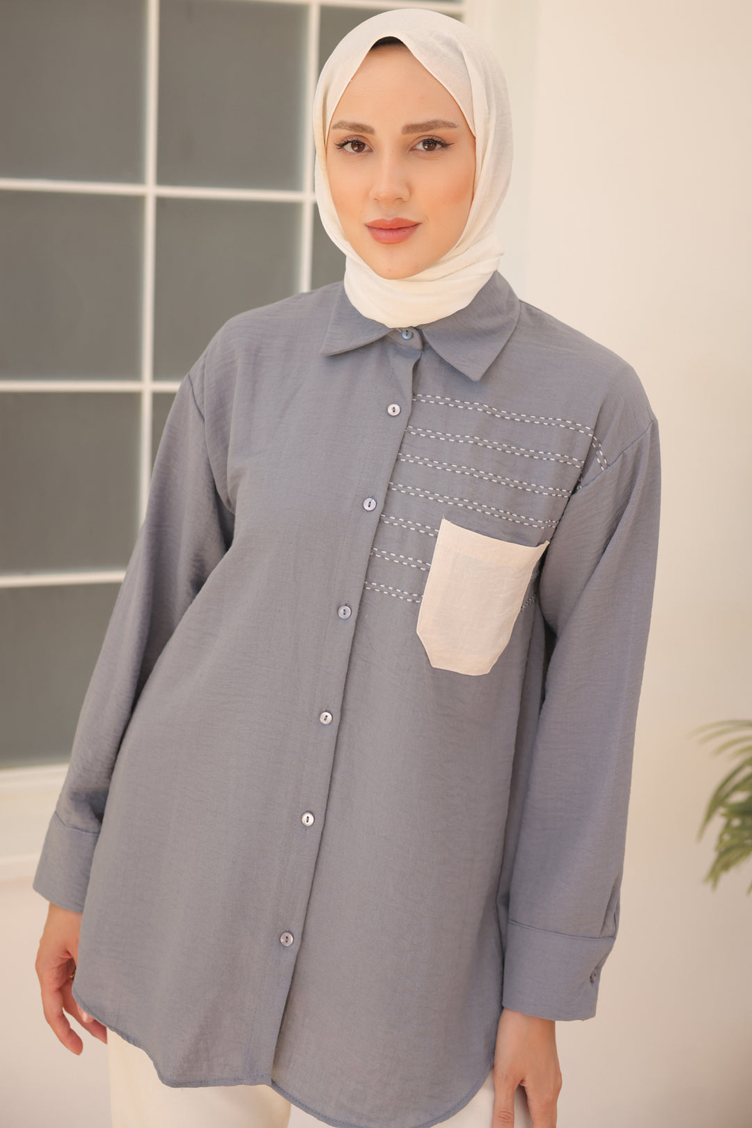 BNG Women Shirt with Embroidered Pocket Detail Gray - Clermont