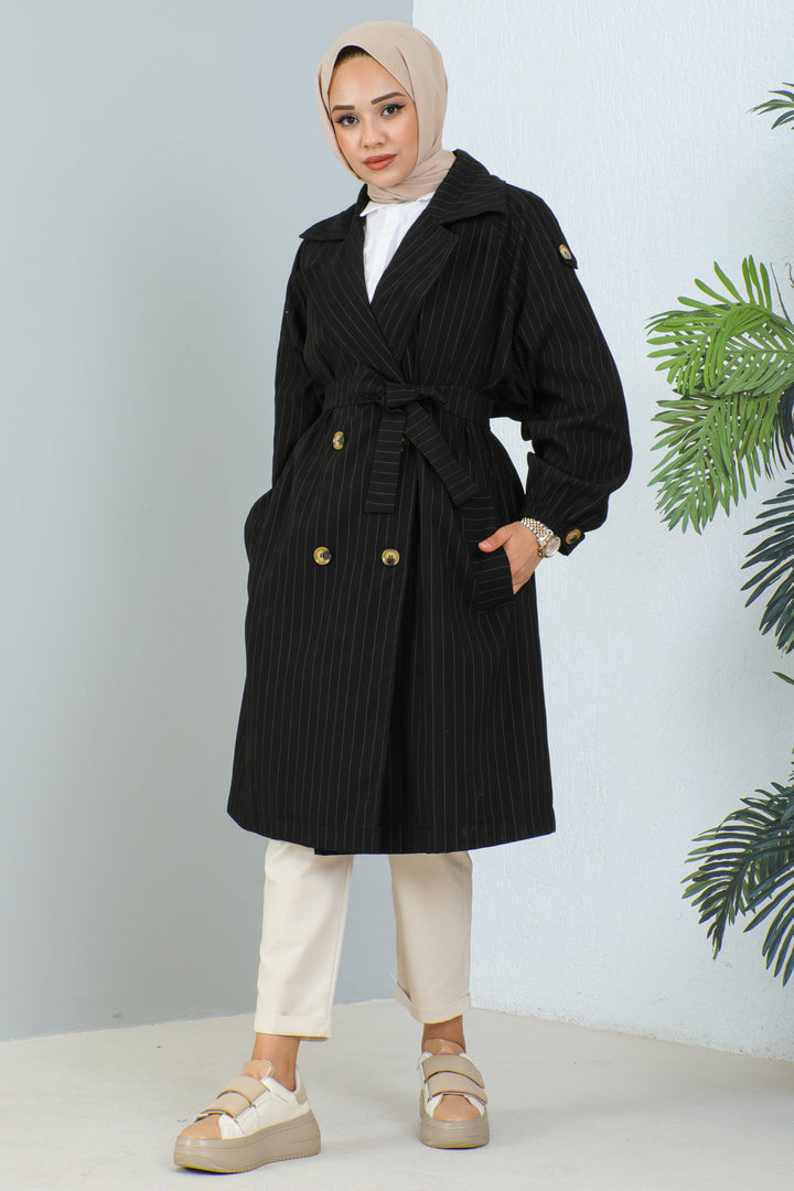 BNG Women Striped Trench Coat Black - Clermont