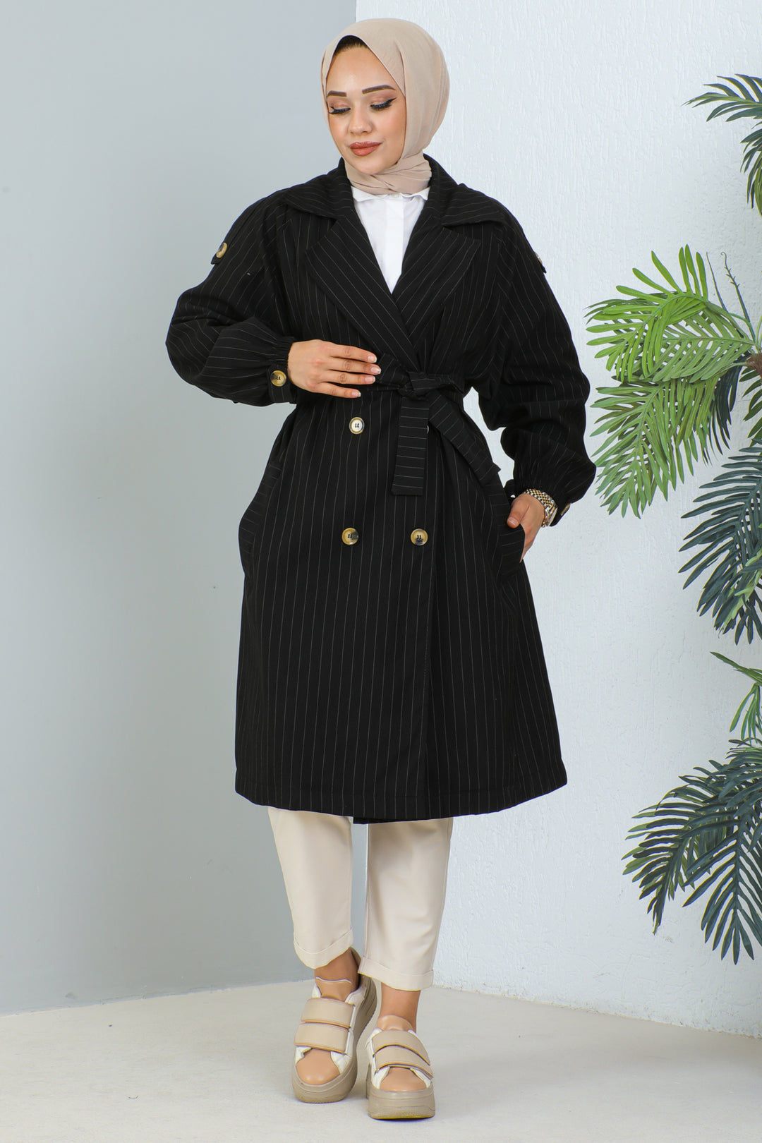 BNG Women Striped Trench Coat Black - Clermont