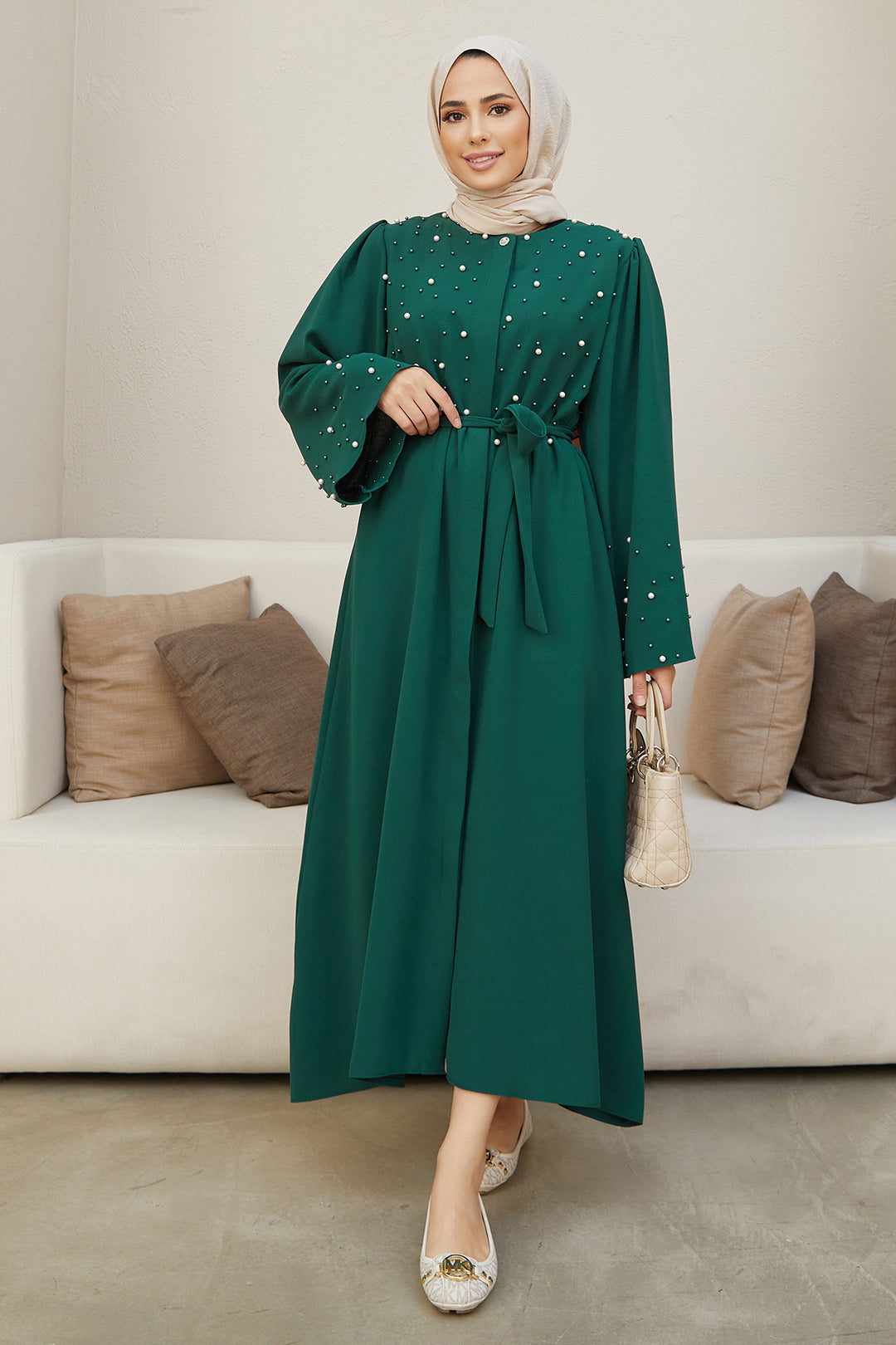 ZRF Women Pearl Detailed Abaya - Emerald - Salerno