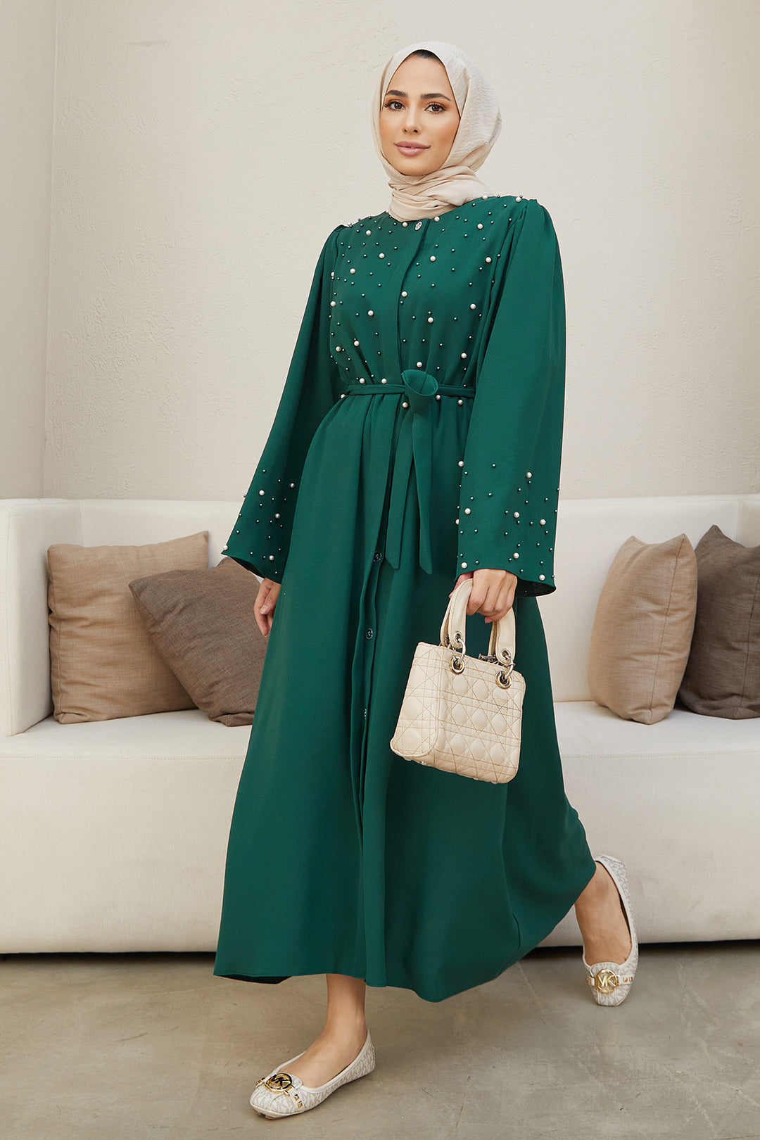 ZRF Women Pearl Detailed Abaya - Emerald - Salerno