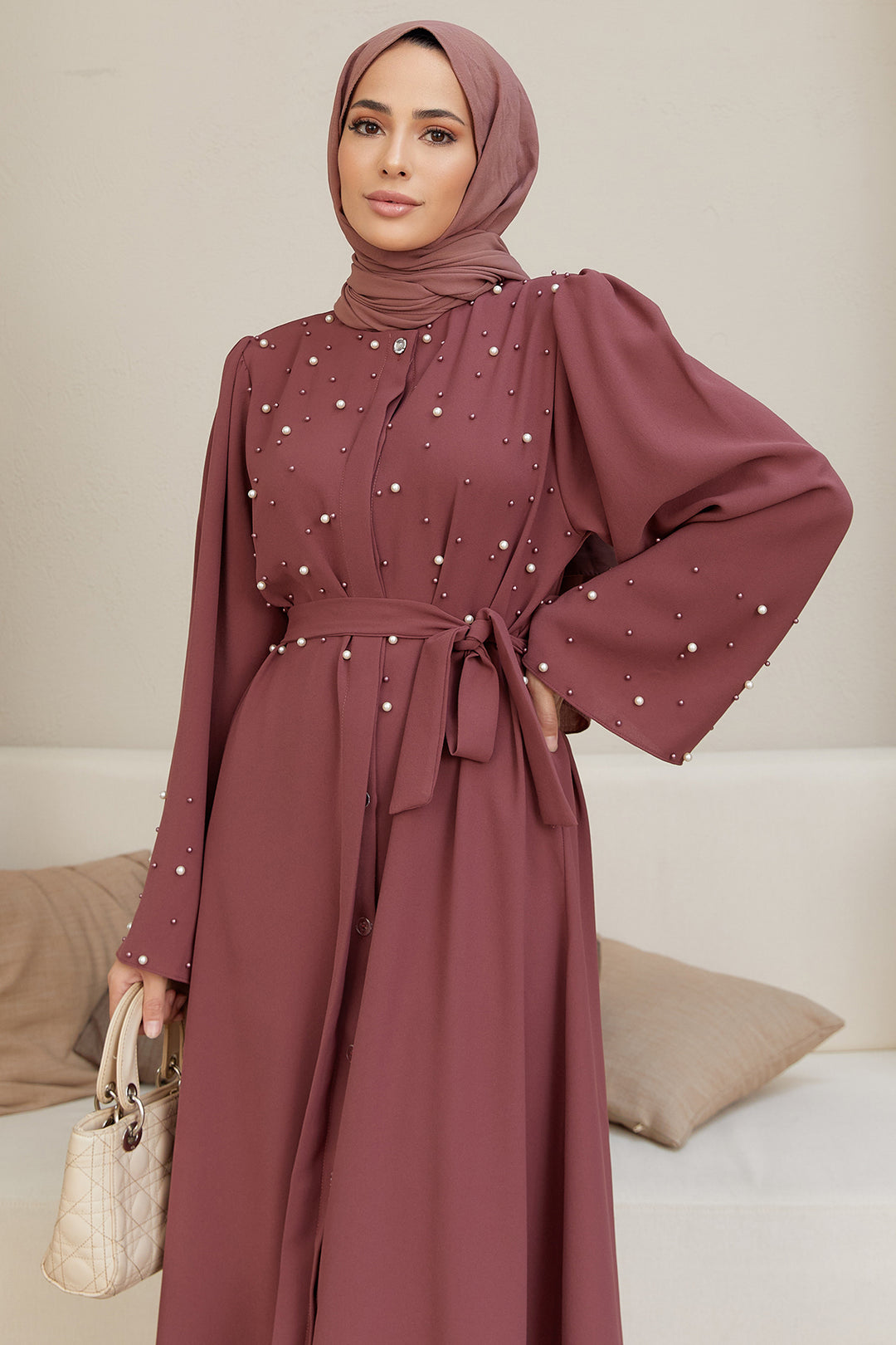 ZRF Women Pearl Detailed Abaya - Rose Pink - Kelowna