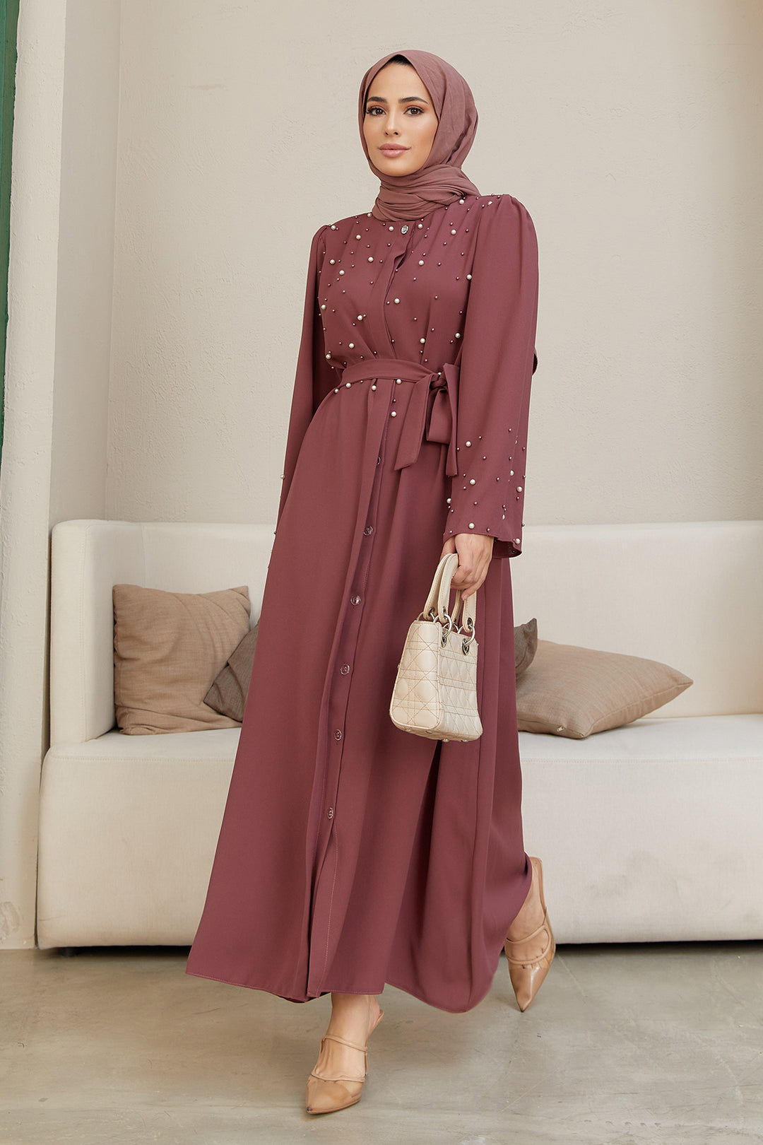 ZRF Women Pearl Detailed Abaya - Rose Pink - Kelowna