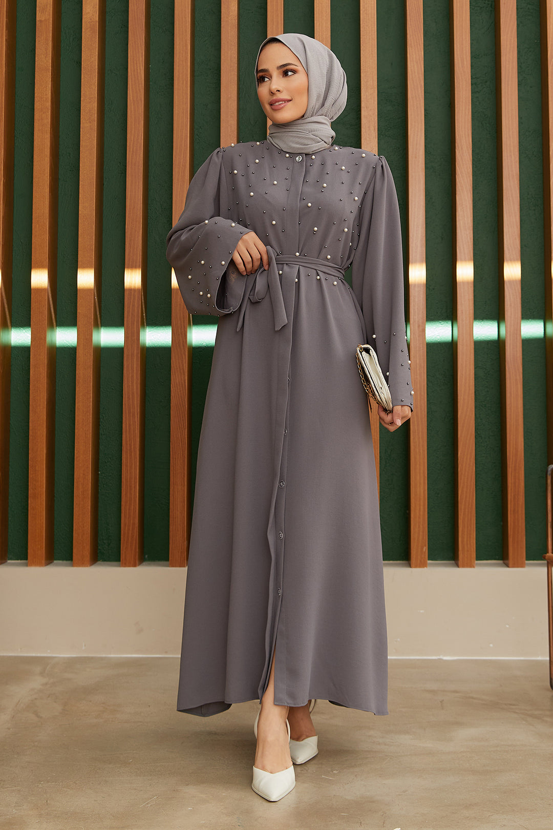 ZRF Women Pearl Detailed Abaya - Gray - East Kelowna