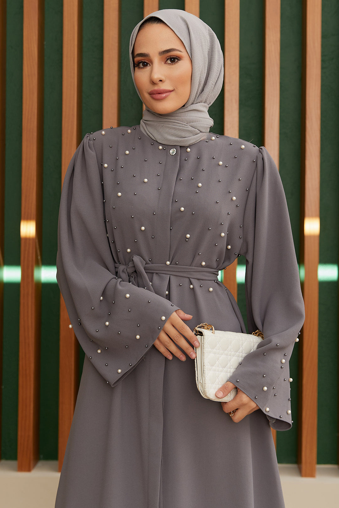 ZRF Women Pearl Detailed Abaya - Gray - East Kelowna