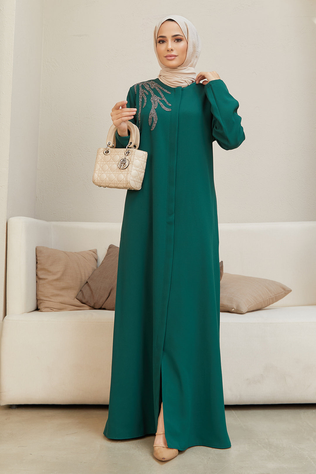 ZRF Women Shoulder Detailed Abaya - Emerald - Napa