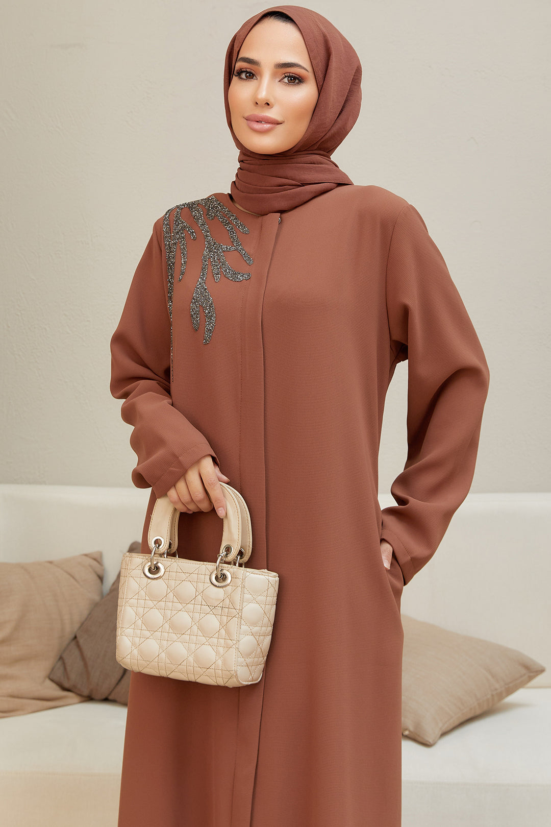 ZRF Women Shoulder Detailed Abaya - Camel - Reutlingen