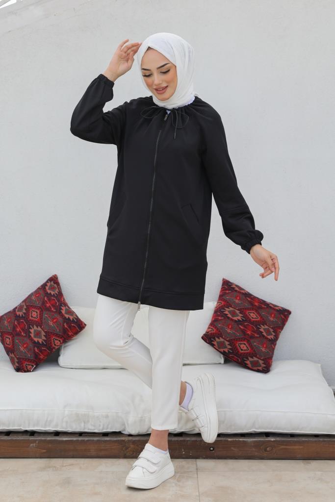 BNG Women Zippered Scuba Hijab Cardigan Black - Clermont