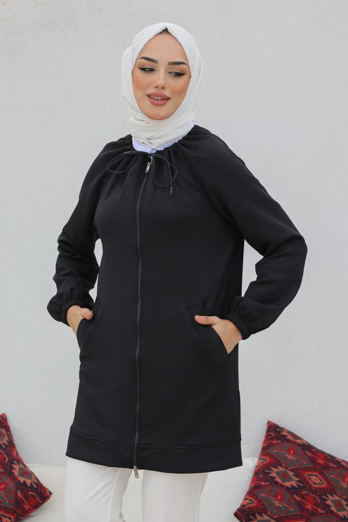 BNG Women Zippered Scuba Hijab Cardigan Black - Clermont