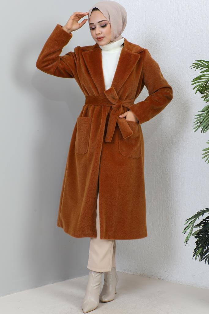 BNG Women Waist Belted Fur Coat Brown - Clermont