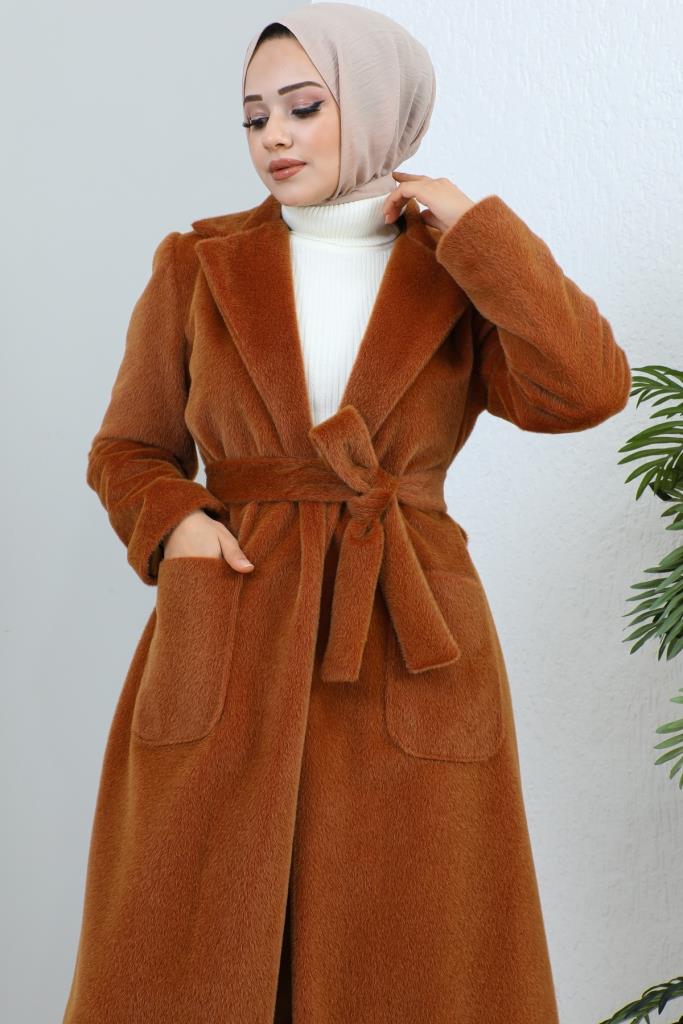 BNG Women Waist Belted Fur Coat Brown - Clermont