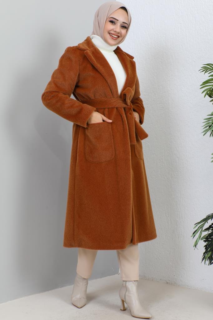 BNG Women Waist Belted Fur Coat Brown - Clermont