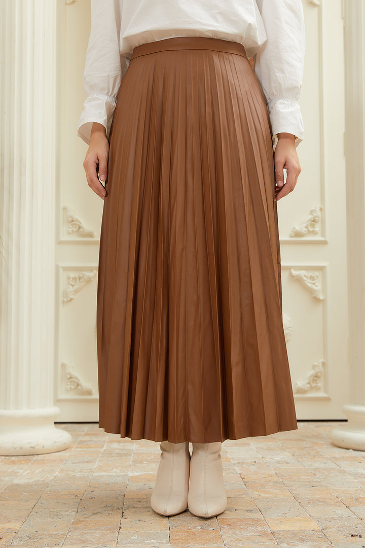 ZRF Women Pleated Leather Skirt - Brown - Brampton