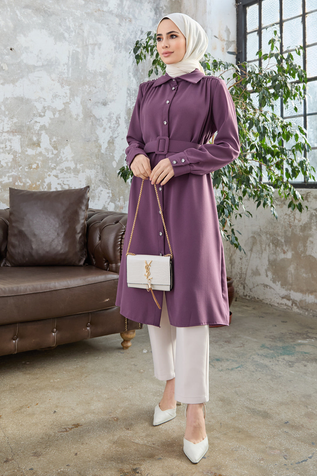 ZRF Women Belted Shoulder Stoned Tunic - Lilac - Kamen