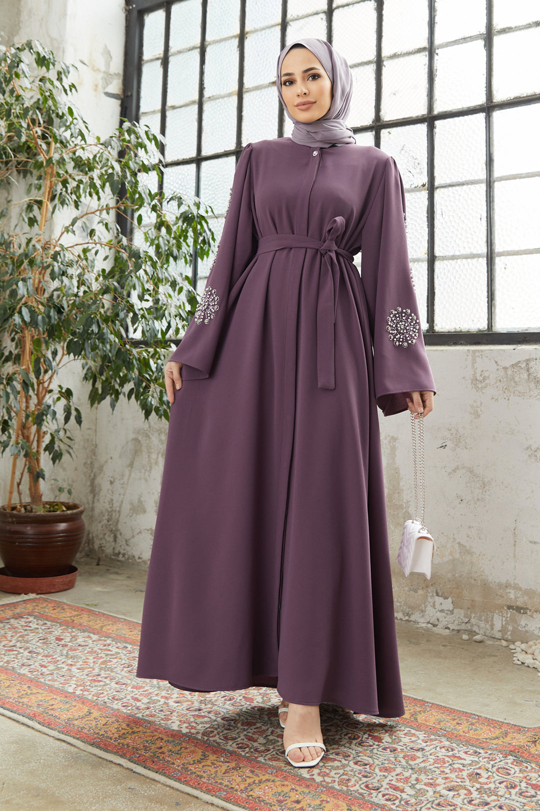 ZRF Women Embroidered Abaya with Collar - Lilac - Córdoba