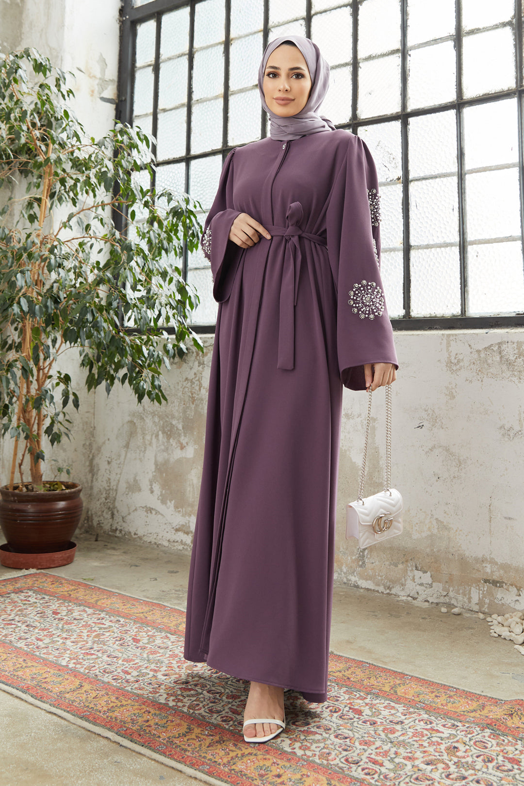 ZRF Women Embroidered Abaya with Collar - Lilac - Córdoba