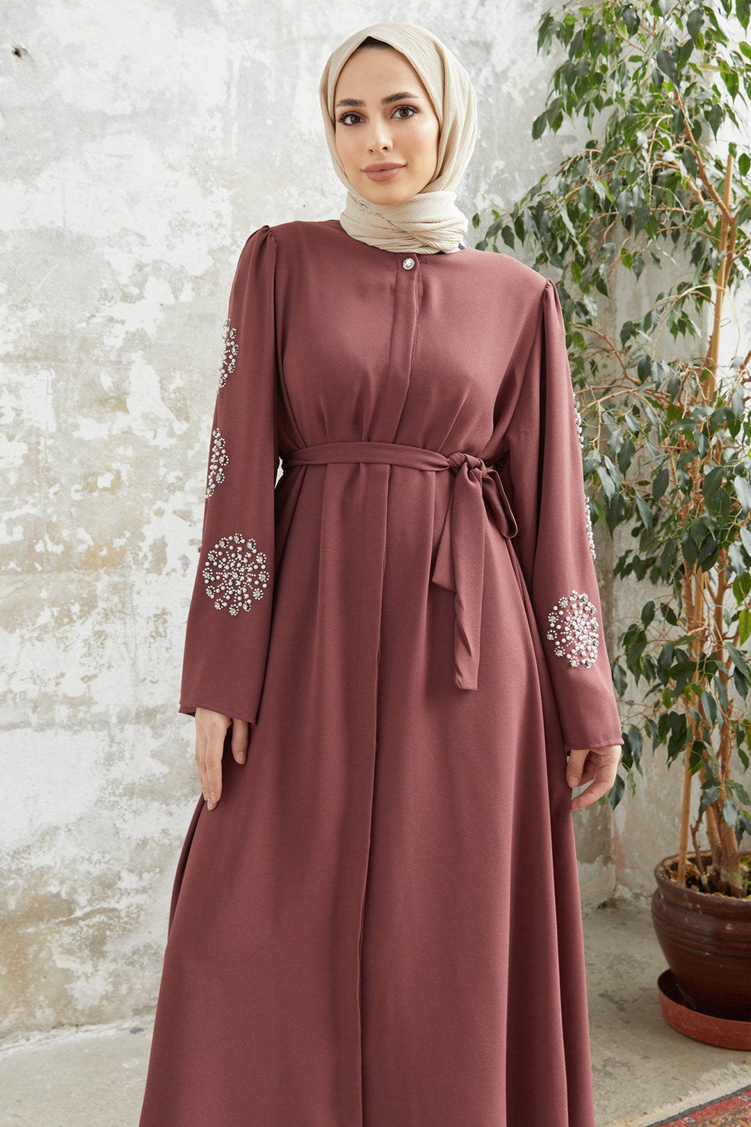 ZRF Women Liva Collar Stone Embellished Abaya - Rose Pink - Yenakiieve