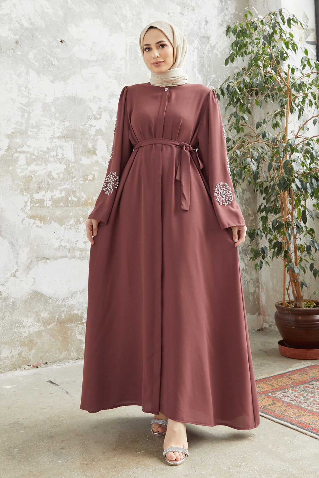 ZRF Women Liva Collar Stone Embellished Abaya - Rose Pink - Yenakiieve