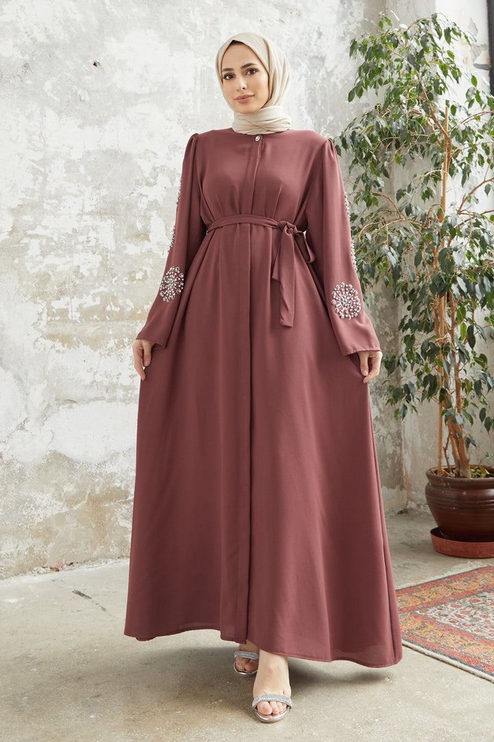 ZRF Women Liva Collar Stone Embellished Abaya - Rose Pink - Yenakiieve