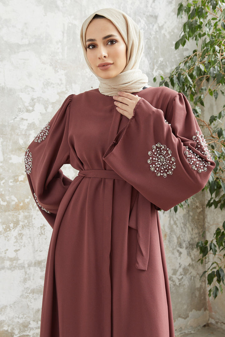 ZRF Women Liva Collar Stone Embellished Abaya - Rose Pink - Yenakiieve