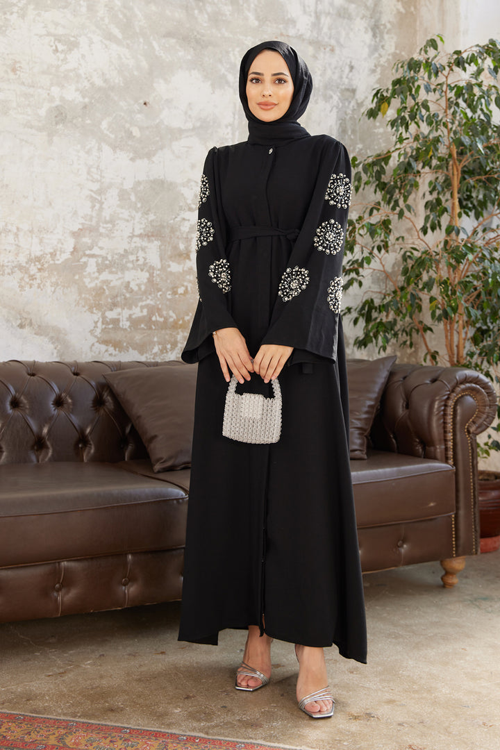 ZRF Women Embroidered Sleeve Abaya - Black - Murcia